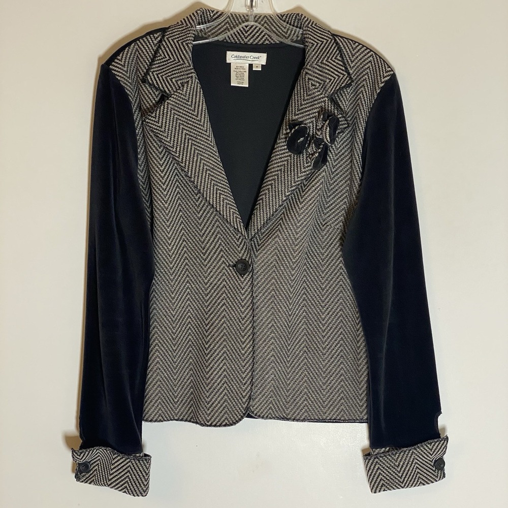 Coldwater Creek Jacket Womens Medium Black Chevron‎ Velvet Floral Accent Cuffs M